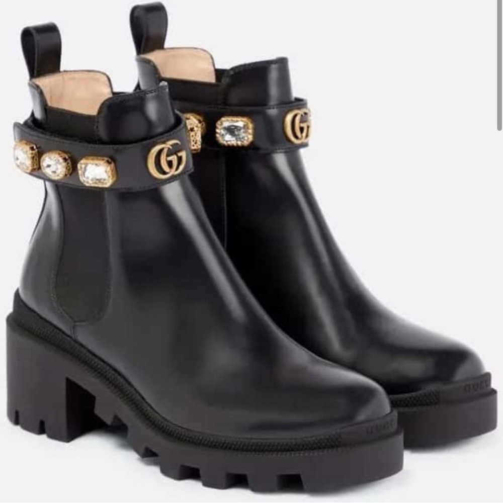 GUCCI GG Calfskin Crystal GG Trip black Chelsea Ankle Boots sz 7.5